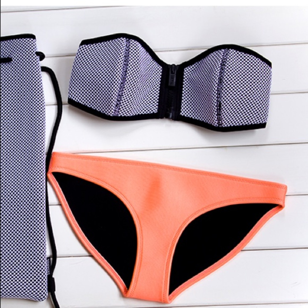 XL bikini ; neon orange / black zip swimsuit bikini XL